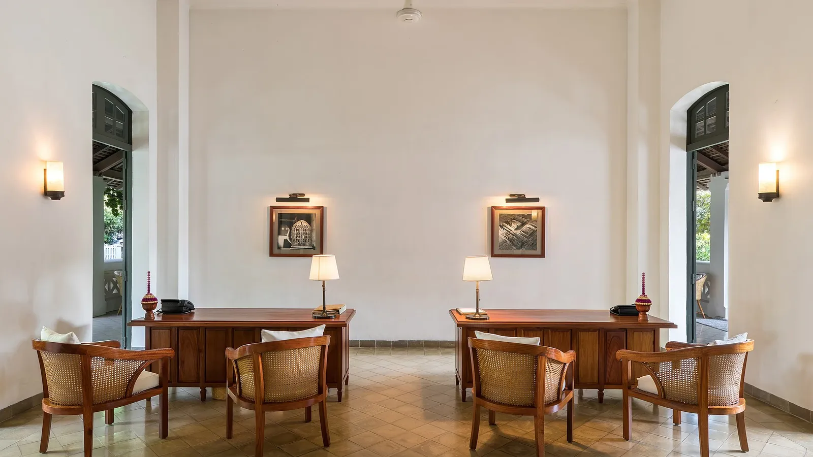 A hotel lobby and reception desk